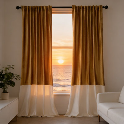Velvet Blackout Curtains With Modern Color Block Design - Back Tab & Rod Pocket Soundproof Drapes For Living Room And Bedroom Window Treatments (Set Of 2 Panels)