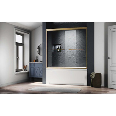 Porte de baignoire double coulissante en verre semi-sans cadre, verre trempé transparent épais et transparent, poignées en acier inoxydable