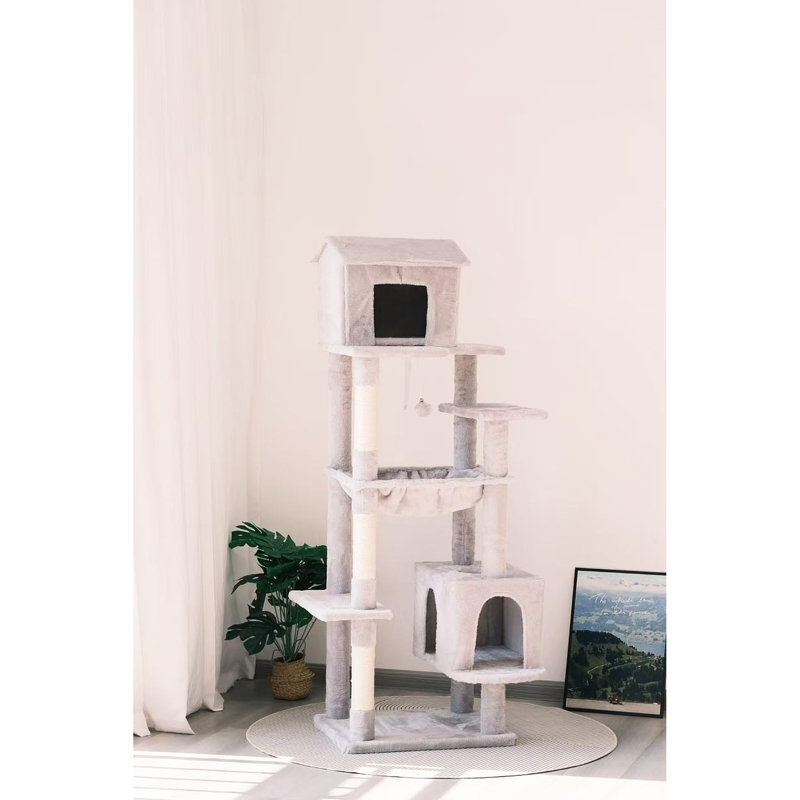 Arbre à chat de 63 pouces de couleur grise avec plusieurs niveaux, poteaux à griffer enveloppés, confortable et adaptable pour les chats à plusieurs niveaux avec 5 zones, cachette douce et suspendue