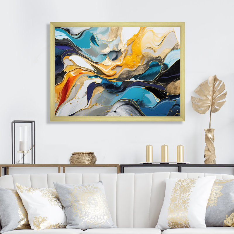 «Blue» et «Yellow», encre liquide «Harmony», art mural abstrait à l'encre liquide, Cadre doré à coins fermés