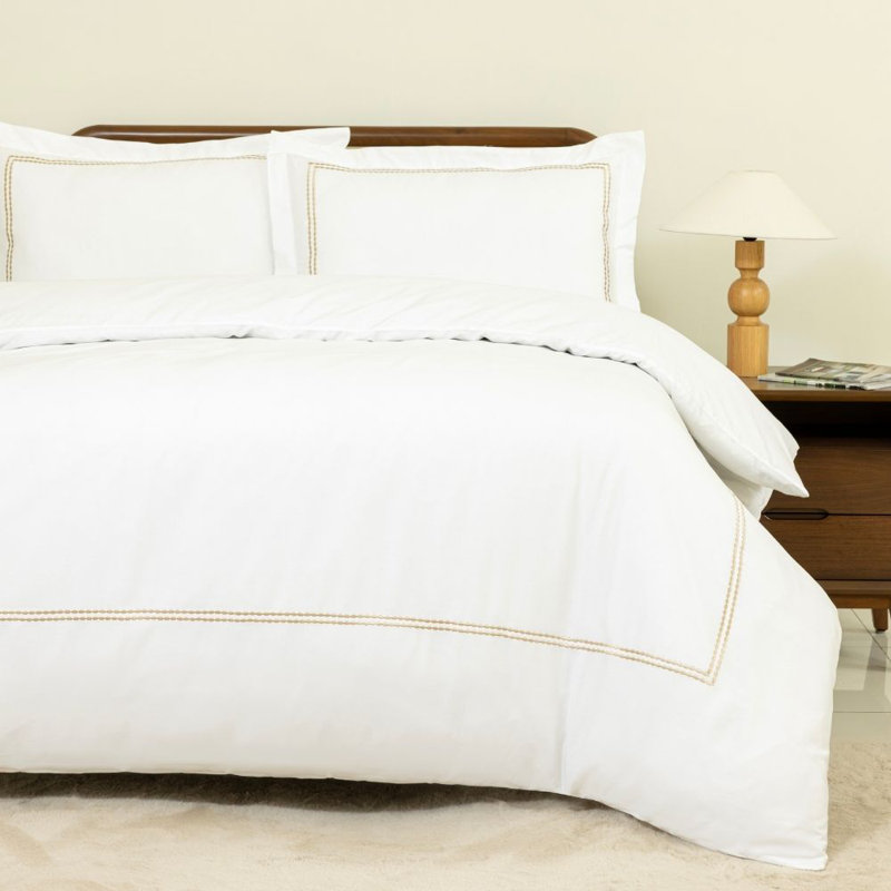 MHG Living Duvet Cover Set Kensington Gold Baratta Stitch Design Cotton Bedding - Includes 2 Pillowcases, King