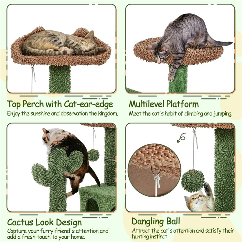 54.5" Green and Brown Sisal Cactus Cat Tree Tower