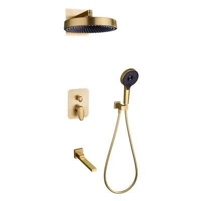 Ensemble de douche encastré 0ontZ avec finition dorée brossée, robinet mélangeur à contrôle chaud / froid à deux poignées, douche à main 4 modes avec surpression + grande douche à jet de pluie et bec de baignoire rotatif avec valve brute en laiton massif incluse