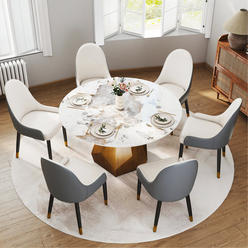 53" Round Marble Dining Table With Metal Base, Artificial Marble For 6 People, Dining Room/Living Room Kitchen Dining Table,White-With 6 Chairs