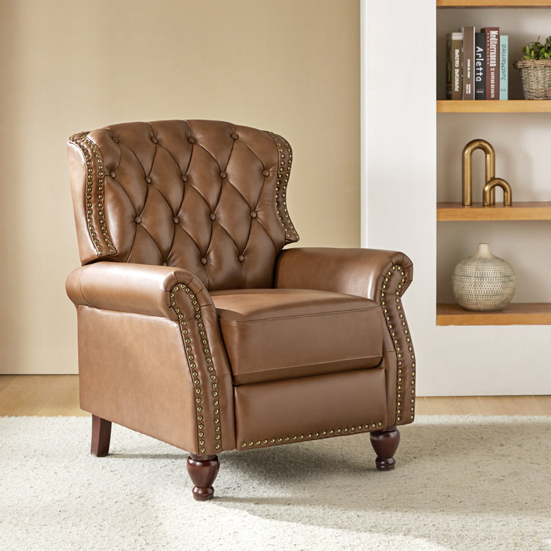 Abruzzino 34.5" W Genuine Leather Push-Back Recliner, Camel Genuine Leather