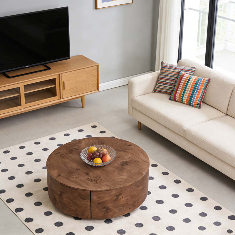 Table basse rotative en bois avec 2 tiroirs, plateau tournant à 360 °