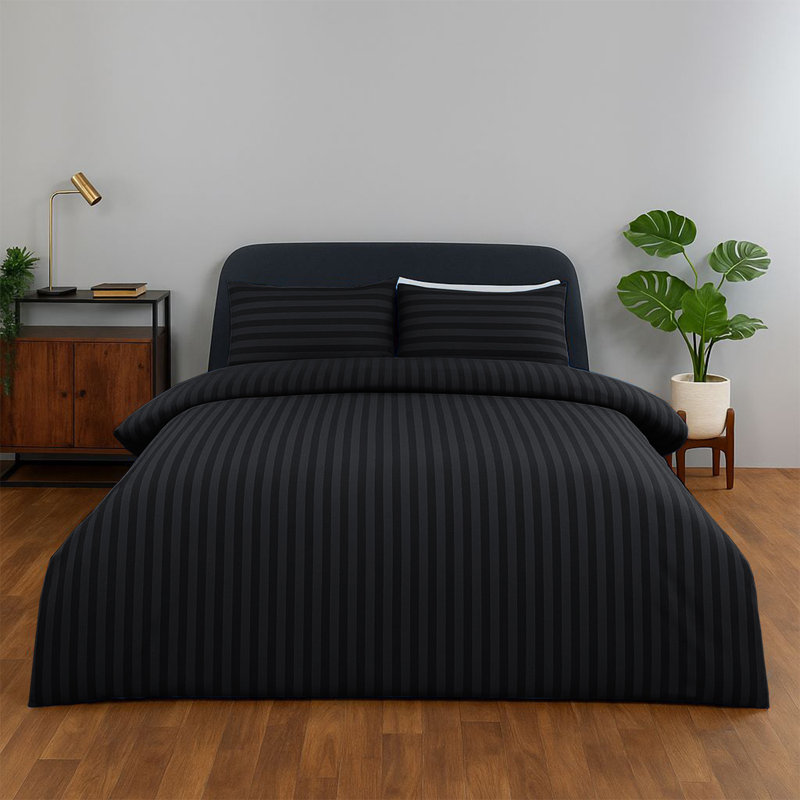 Classic Stripe Microfiber Duvet Set, 4-Piece With Fitted Sheet & Pillowcases, Black Striped