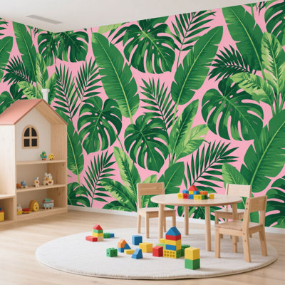 Papier peint adhésif à peler et coller feuilles vertes tropicales sans soudure rose Exotique autocollant amovible en papier contact mural pour le salon Chambre à coucher H 100 po x l 144 po