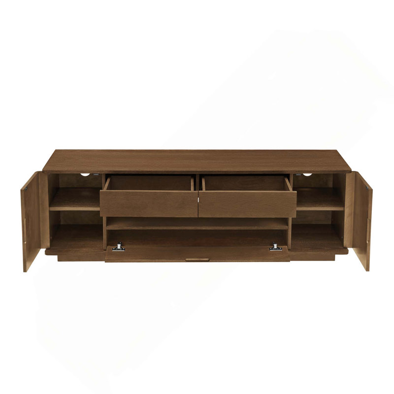 Meuble télé de style Mid-Century avec rangement ouvert et armoires latérales et tiroirs pour téléviseurs de 65 po ou moins