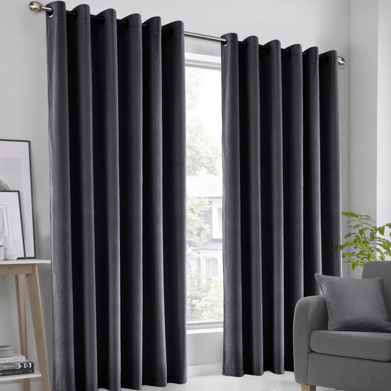 Luxury Crushed Velvet Eyelet sheer Curtain, 228.6cm Width x 228.6cm Drop, Charcoal