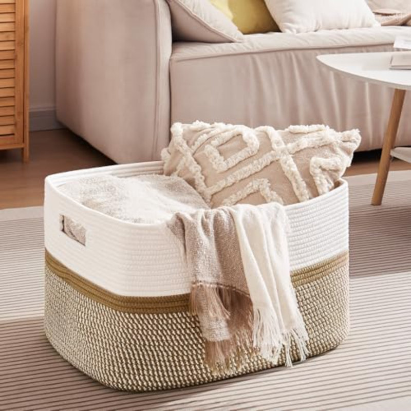 Large Blanket Basket, 22”X17”X12” Rectangle Woven Baskets, Nursery Blanket Storage Living Room, Toy Storage With Handle, Large Baskets For Organizing-Yellow/White
