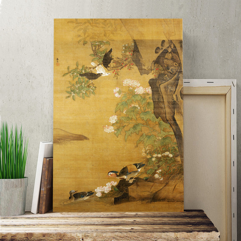 Ducks and Hollyhocks Japanese Oriental by - Wrapped Canvas, 76cm H x 50cm W
