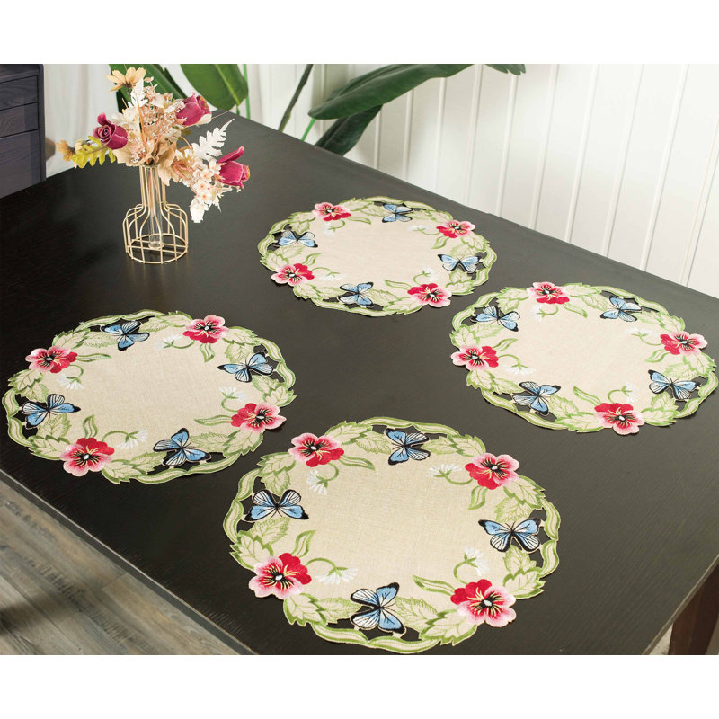 Aneil Floral Embroidered Doilies for Table Set of 4 Round Placemats of Maliana Collection for Table Decor