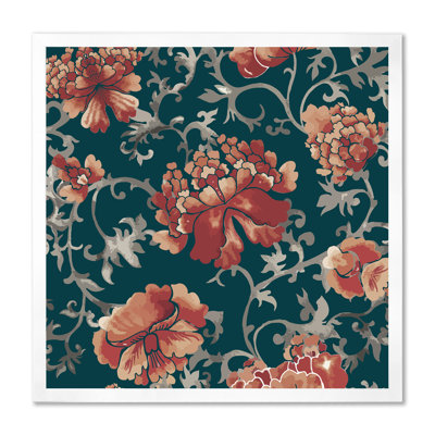 Fleurs chinoises rouges sur fond vert foncé - Peinture sur toile
