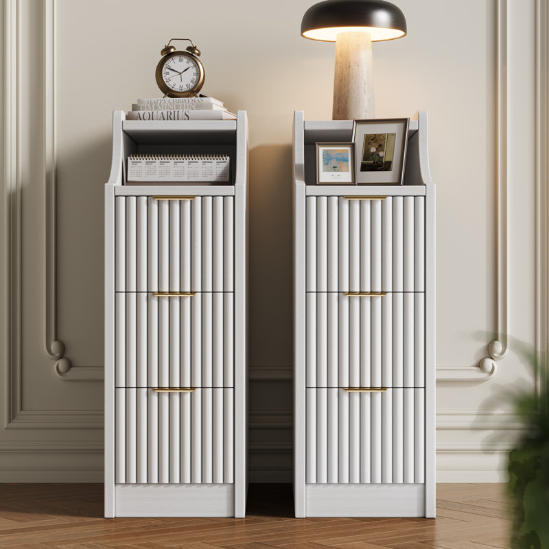 7.8" Fluted Nightstand & Narrow Bedside Table With 3 Drawers Set Of 2, White