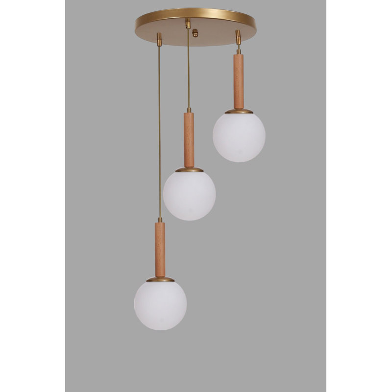 Luminaire de lustre réglable élégant, métal et verre, finition blanc / chêne / or | Plaque de base de diamètre 11,8 x 5,9 pouces | Bouchon en verre de diamètre 5,9 po x 5,9 po | 3 ampoules E27 de 40 W maximum (ampoules non incluses) |  pour la salle à manger moderne et les espaces de vie