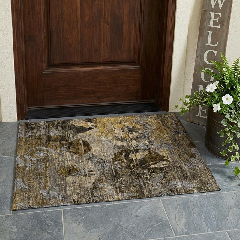 Tapis extérieur lavable antidérapant brun 2 pi x 3 pi à motif floral terre cuite et gris