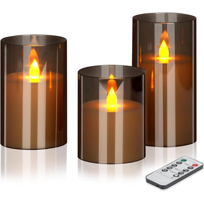 Flameless Candles 4" 5" 6" Set Of 3 Acrylic Glass Pillars 3" Diameter Battery Operated Flickering Gray Candles Include Remote Timer For Home Decor Wedding Festival Cafe Restaurant