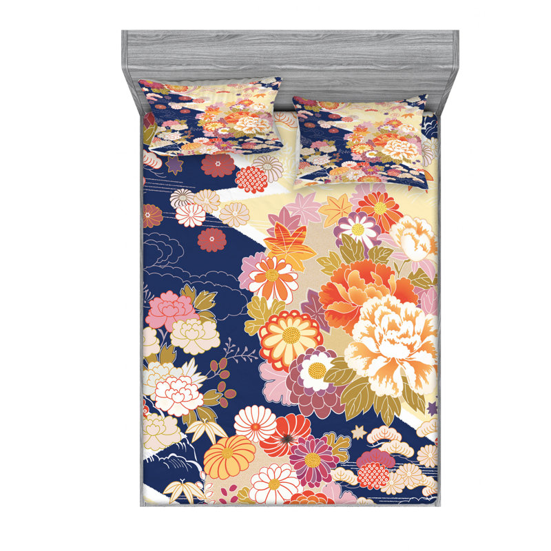 Microfiber Floral Sheet Set, Queen Sheet Set with Fitted Sheet, Traditional Kimono Floral
