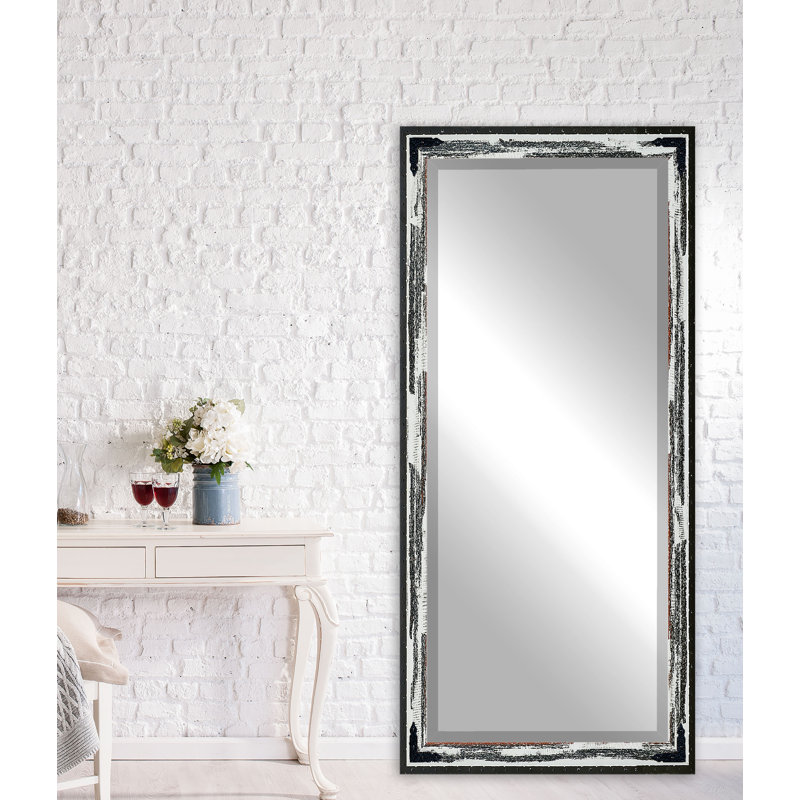 Miroir d'appoint biseauté, Ivoire délavé rustique et noir, H 65,5 po x l 32 po
