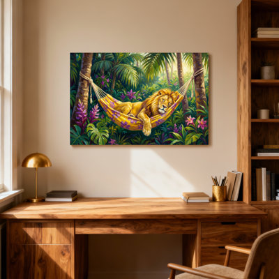Animals Lion Resting In Hammock Jungle Scene