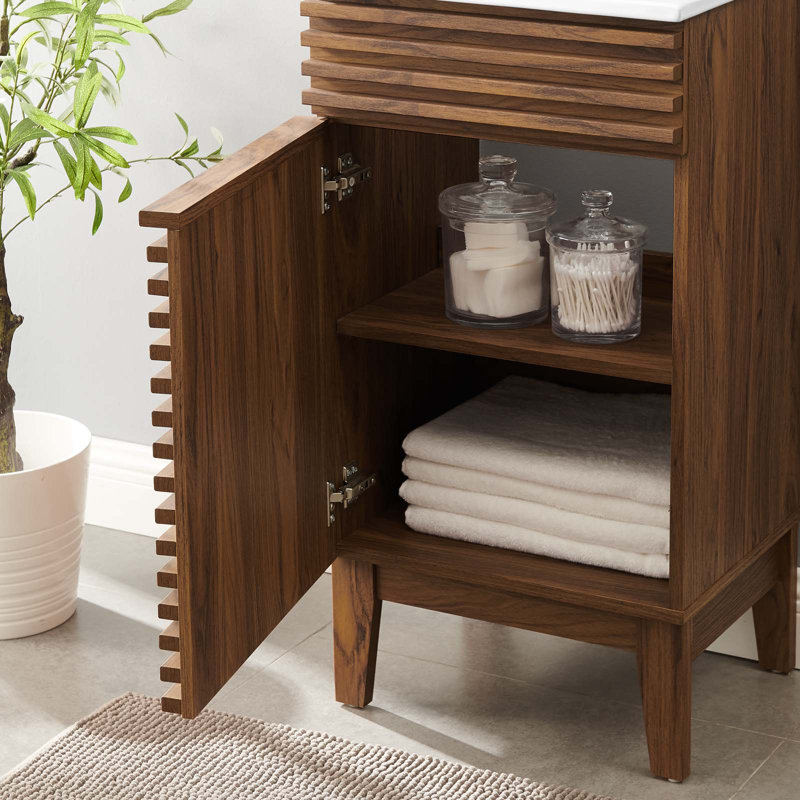 Walnut and White Mid-Century Modern Bathroom Vanity with Ceramic Sink
