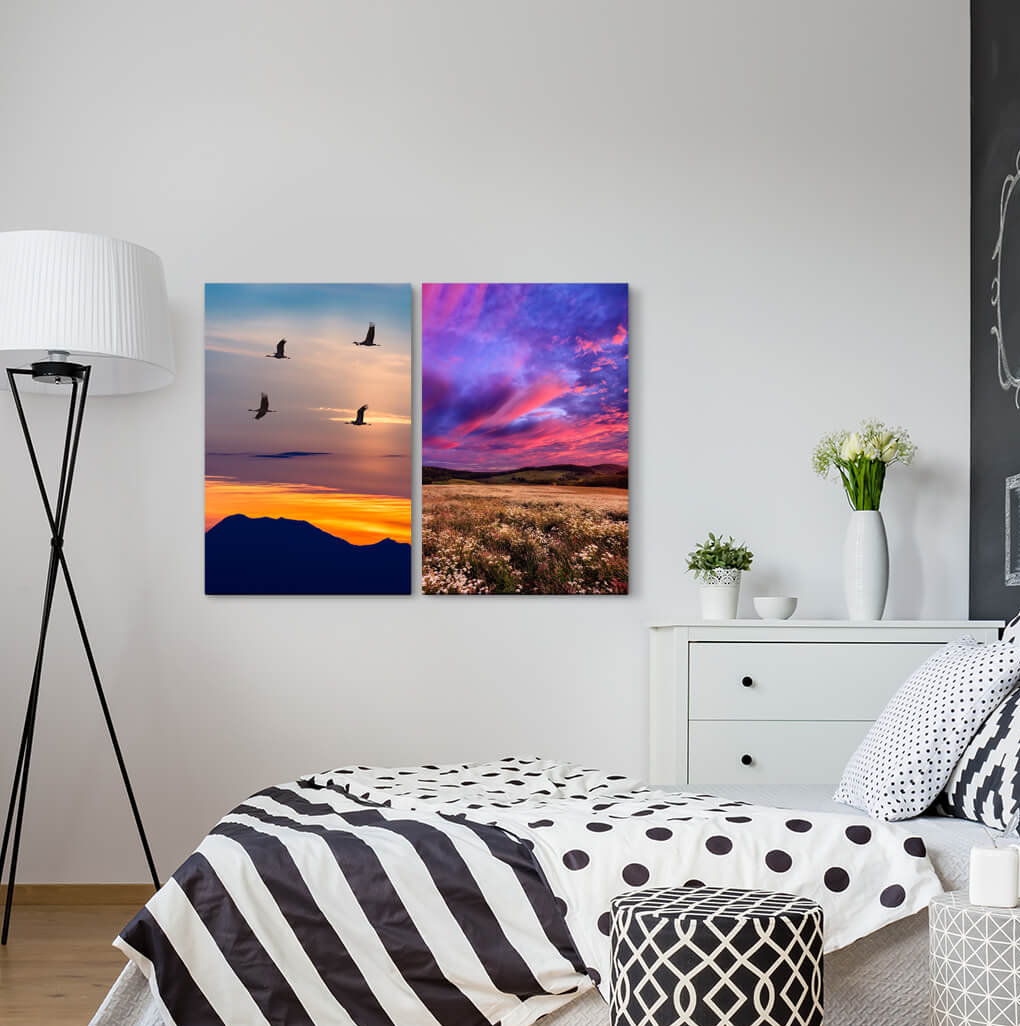 2-tlg. Leinwandbilder-Set - Fotografie „Cranes Mountains Sunset Summer Field Pink Sky Horizon”