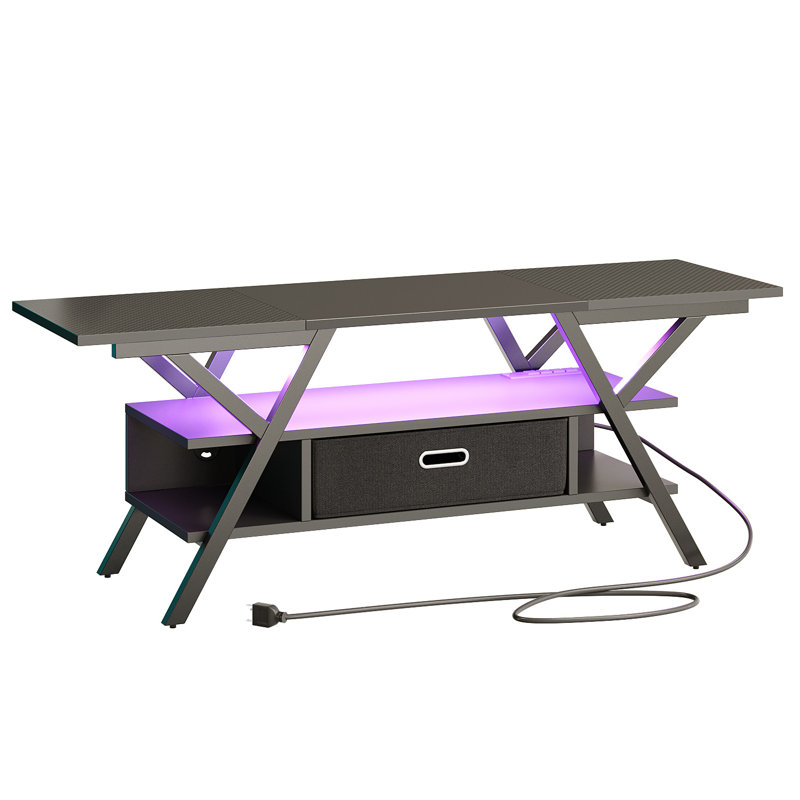 Brisna 55" TV Stand, Modern Entertainment Center with Power Outlets LED and Drawer, Black Carbon Fiber/Black