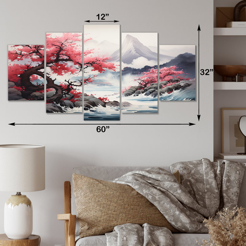  «Japon montagne printemps fleurs de cerisier I - art mural multi-panneaux japonais pour le salon