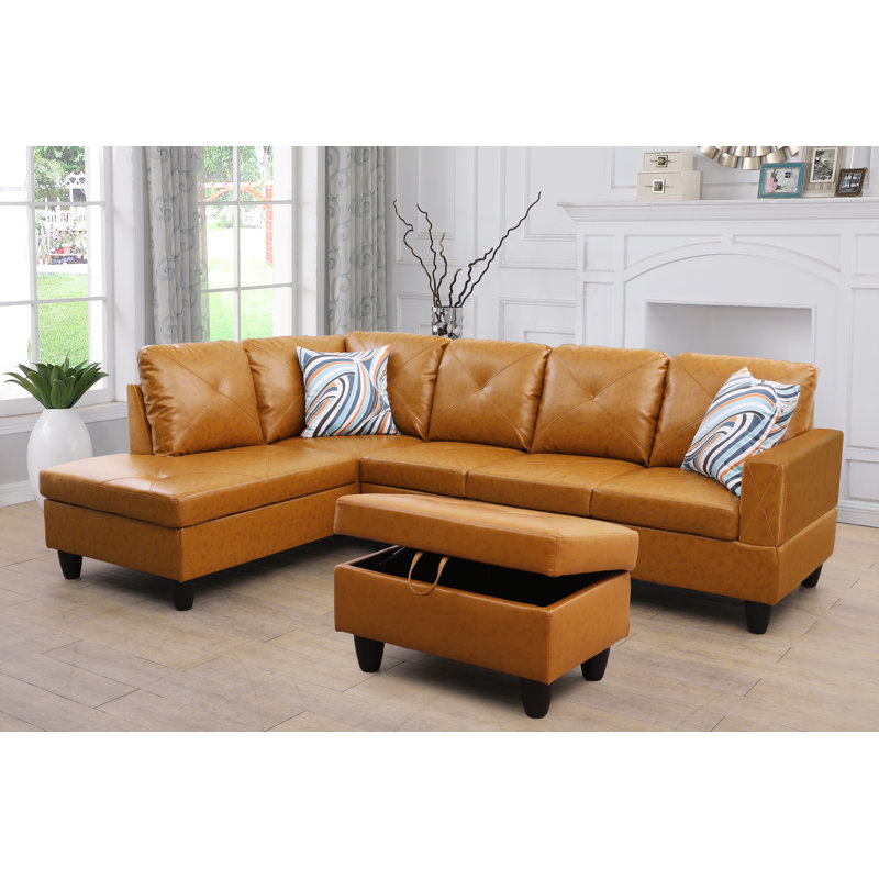 Faux Leather L-Shaped Sectional Left Hand Facing, Ginger Brown Faux Leather, Left Hand Facing