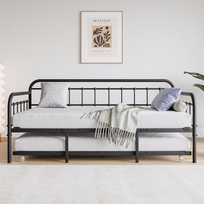 Metal Daybed Frame, Twin Size  With Trundle, Heavy Duty Steel Slat Support Sofa Bed Platform With Headboard, No Box Spring Needed