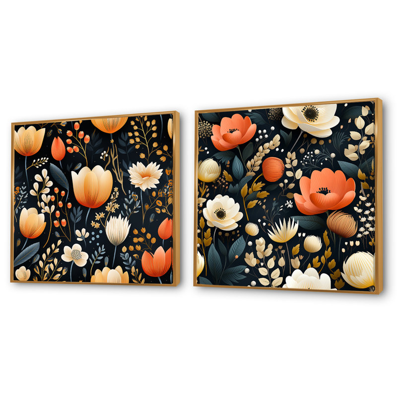 Galets - Ensemble de 2 collages carrés floraux, H 16 po x l 33 po, Cadre flottant doré