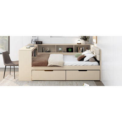 Lit plateforme double en bois crème avec tablettes, tiroirs, tête de lit et tête de lit tapissier
