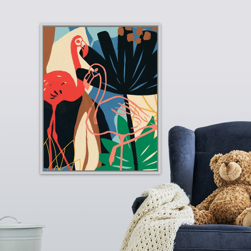 Art funky flamant rose i Shatley, H 30 po x l 24 po x P 1,75 po, Cadre flottant blanc