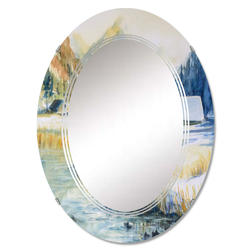 Paysage avec montagne bleue et rivière - miroir mural traditionnel ovale, 30 po x 20 po