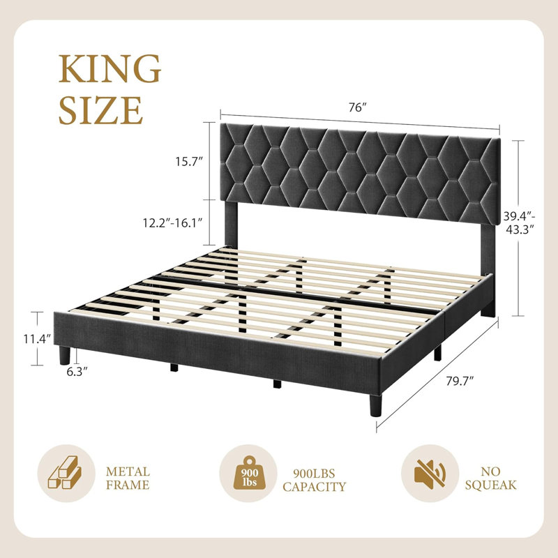 King Upholstered Bed Frame, Heavy-Duty Wood Slats, Noise Free, Grey, Gray, King