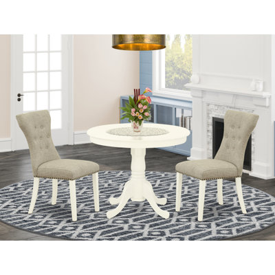 3 Piece Dining Room Furniture Set Contains a Round Dining Table with Pedestal and 2 Doeskin Linen Fabric Upholstered Chairs, 36x36 Inch, Linen White