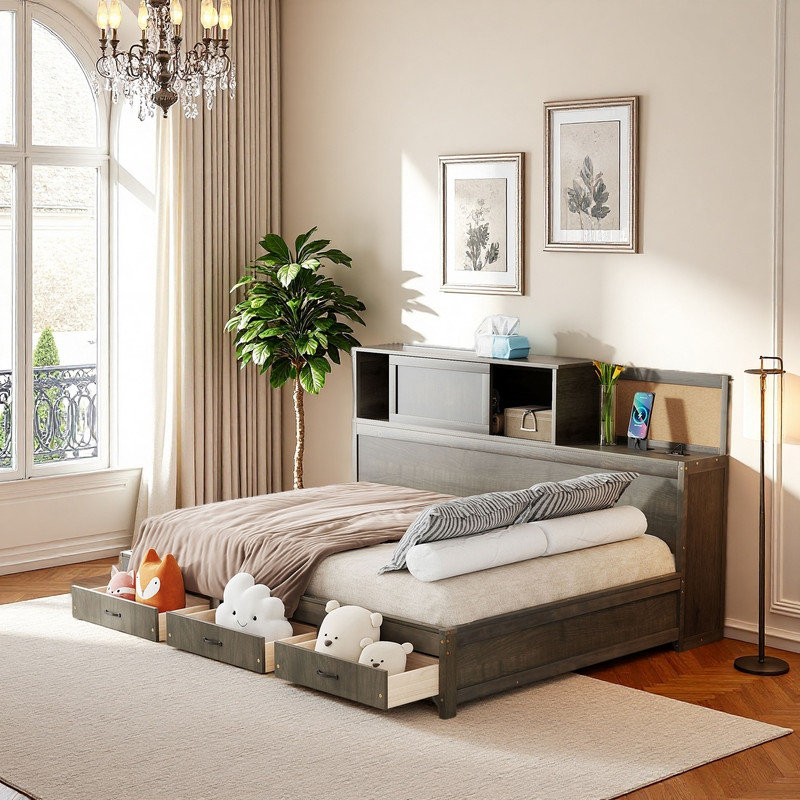 Lit plateforme double avec tiroirs de rangement et tablette, gris