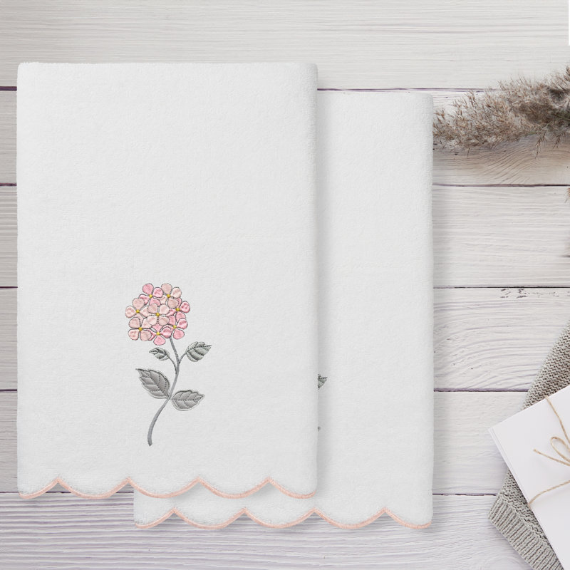  100% Turkish Cotton HYDEA Scallop 2PC Embellished Bath Towel Set, Bath Towel - 2 Pack, White/Pink