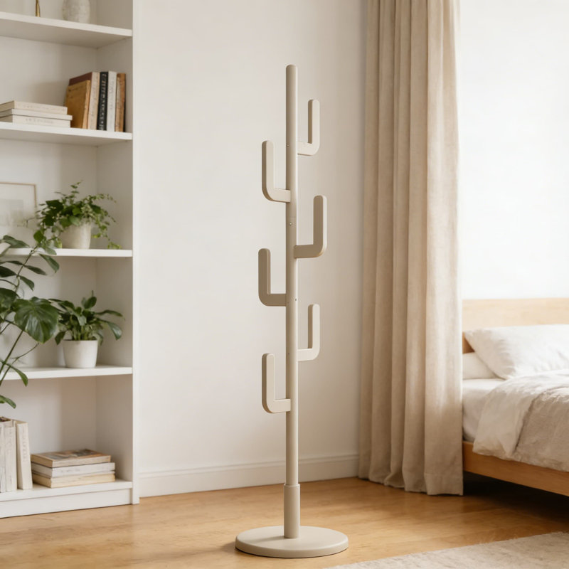 Portemanteau autoportant en bois massif avec 6 crochets en forme de L, hauteur réglable, conception robuste pour l'entrée, la chambre à coucher et le salon