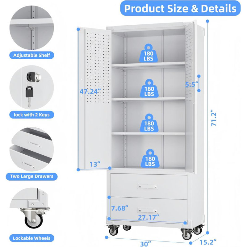 30 in. W x 71.2 in. H x 15.2 in. D Metal Rolling Garage Storage Cabinet with Drawer, White
