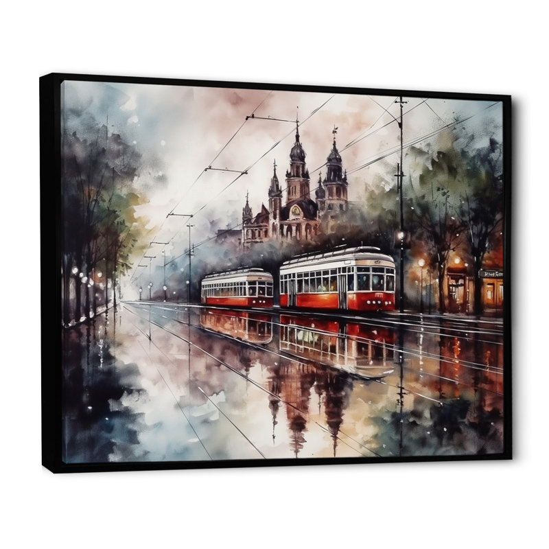 «Rosela Red and Brown City Trams In The Wet Mist», reproduction sur toile, H 34 po x l 44 po x P 1,5 po, Cadre flottant noir
