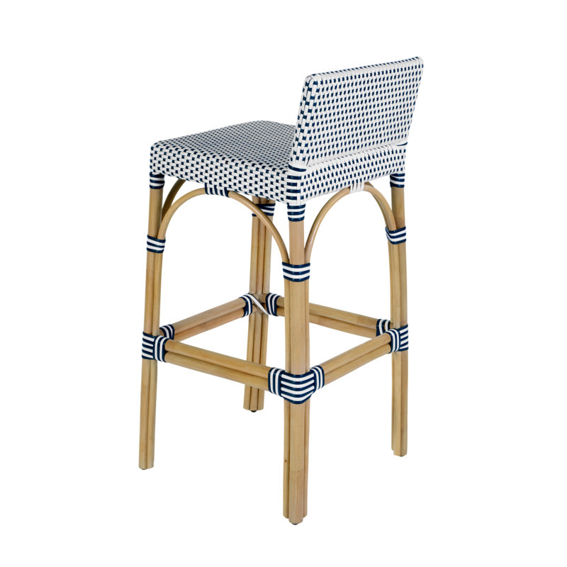 Serienna Blue & White Rattan Low Back Counter Stool, White/Blue Dot, Bar Stool (30" Seat Height)