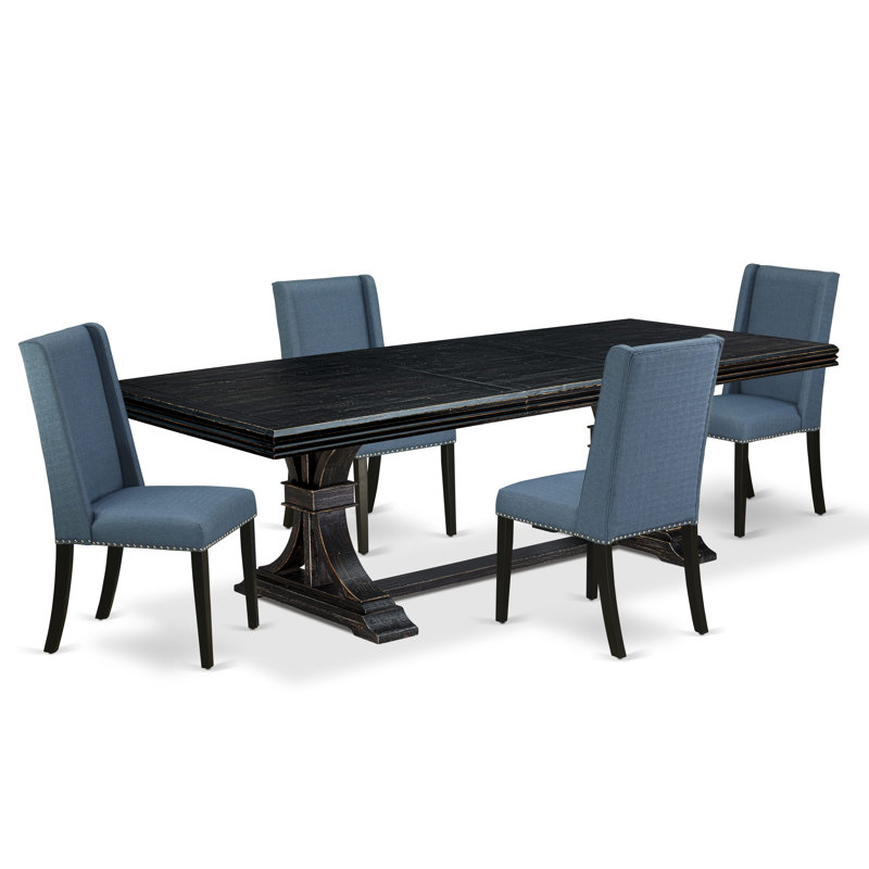 Cet ensemble de salle à manger de cuisine 5 pièces se compose d'une table et de 4 chaises en tissu de lin bleu minéral avec dossier rembourré - finition noire sablée.