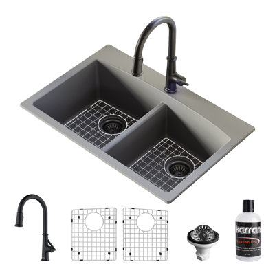 Karran Quartz 33'' X 22'' 50/50 Double Bowl Drop-in Kitchen Sink With Faucet