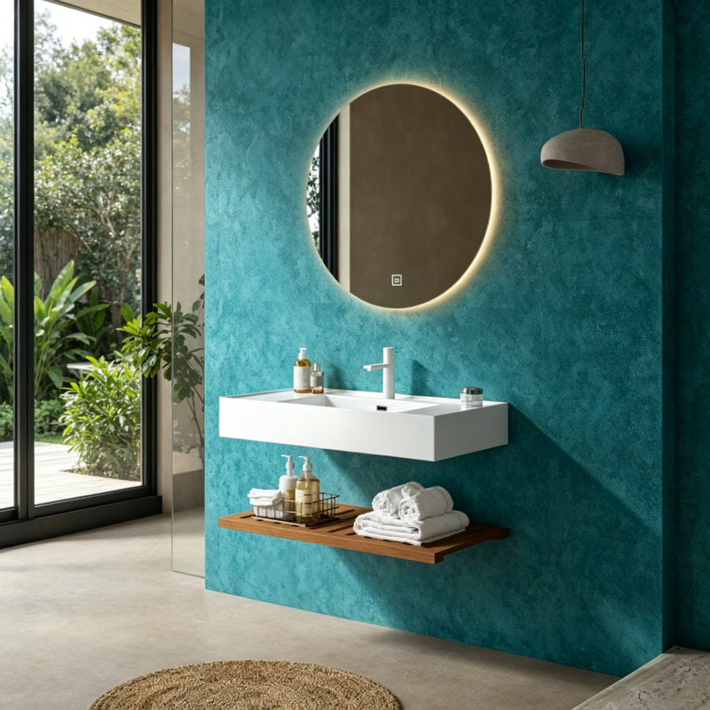 Meuble-lavabo mural flottant avec lavabo vasque, lavabo intégré en acrylique et tablettes en noyer foncé pour les espaces modernes