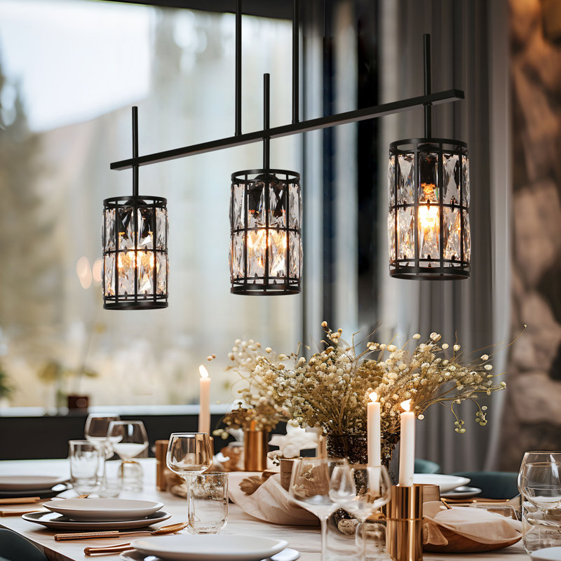  Baconton 3 - Light 31.5" W Glam Crystal Accents Kitchen Island Linear Pendant
