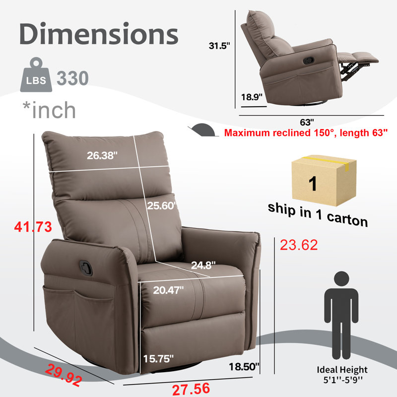 Bucklebury Faux Leather Manual Recliner, 360° Swivel, 30° Rocker, Brown
