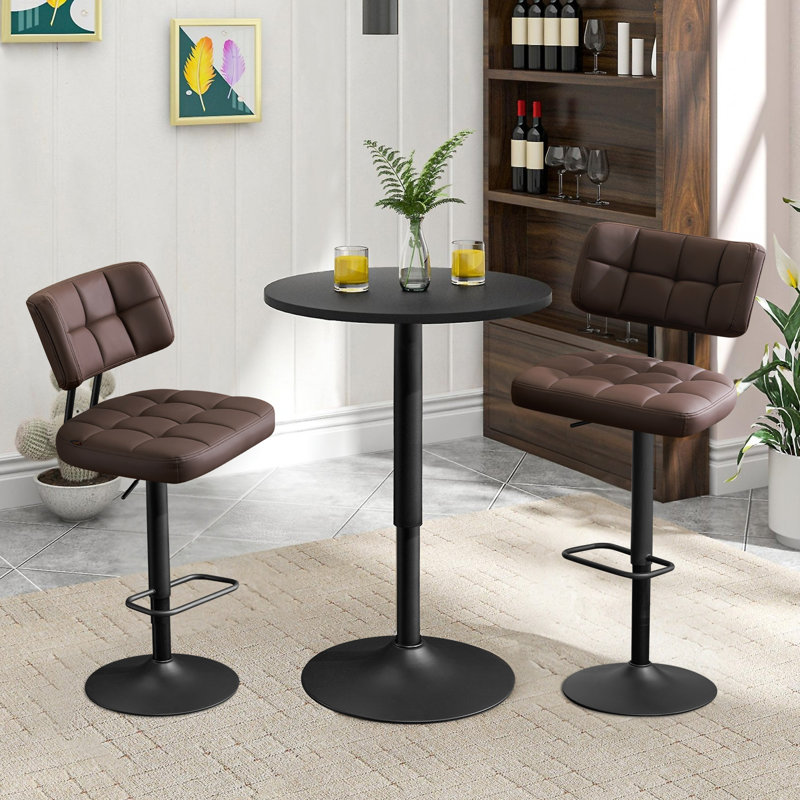 Tabourets de bar pivotants à hauteur réglable avec repose-pieds et dossier incurvé à coussin épais (ensemble de 3), Brun