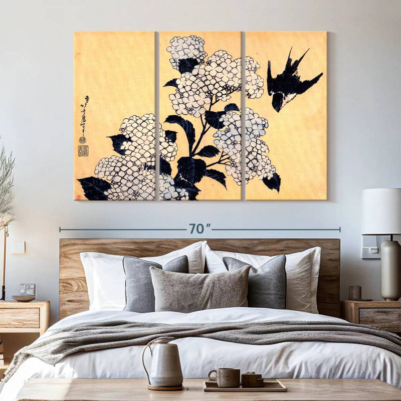 " Hydrangea And Swallow " 3 - Pieces, 42" H x 65" W x 1.25" D